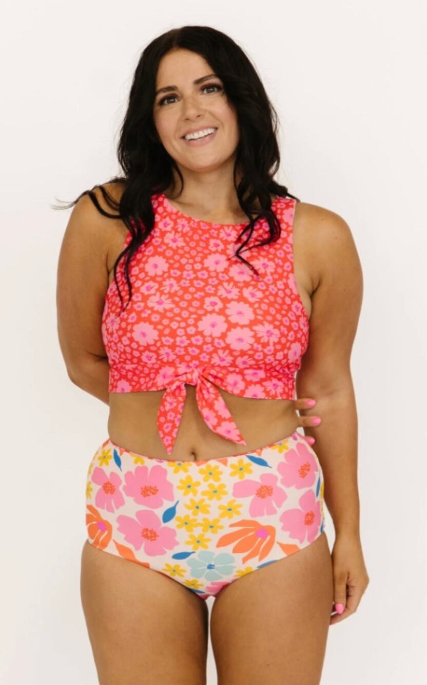 Lime Ricki Floral Knotted Crop Top & High Waist Reversible Bottoms Size Medium